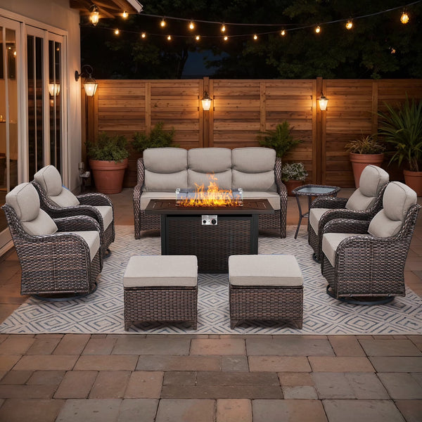 Outdoor Patio Furniture Set Designed for Year-Round Entertaining, Fire Pit Table, Swivel Chairs, 6 Inch Cushions