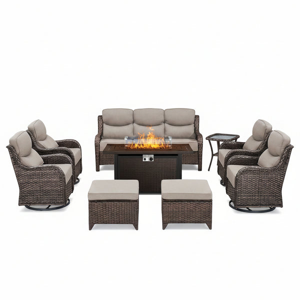 Outdoor Patio Furniture Set Designed for Year-Round Entertaining, Fire Pit Table, Swivel Chairs, 6 Inch Cushions