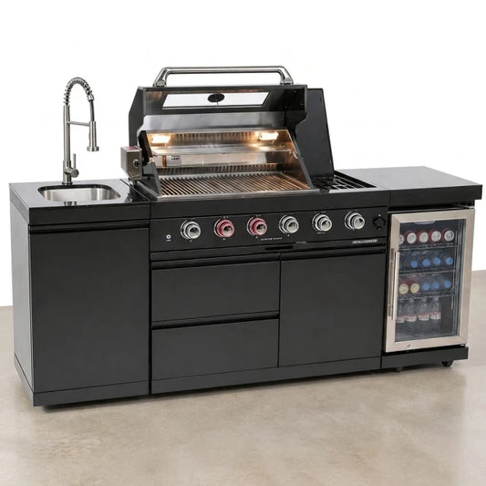 Outdoor Kitchen Island Built for Premium Cooking, 72000 BTU 4-Burner Grill, Wine Cooler, Granite Countertops — Studio Shot