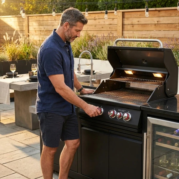 Outdoor Kitchen Island Built for Premium Cooking, 72000 BTU 4-Burner Grill, Wine Cooler, Granite Countertops